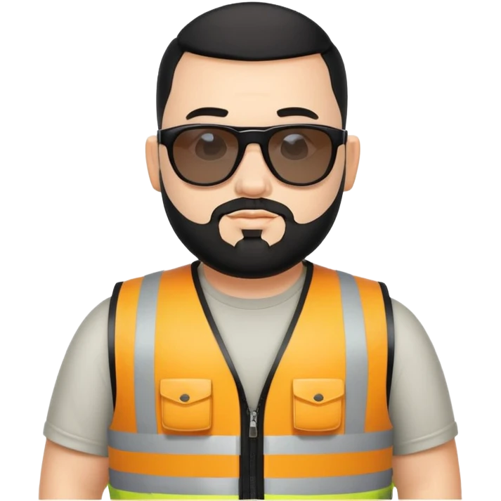 Man with black hair, a little chubby with sunglasses, and visibility vest and a beard. buzz cut emoji