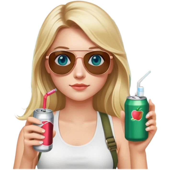 girl with long blond hair
with blue eyes
and aviator sunglasses
wearing white tank top 
holding one soda can without straw
wearing (rose gold apple watch with forest green band) emoji