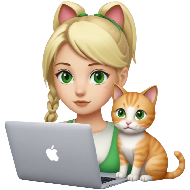 Blonde girl ponytail green eyes with apple MacBook and a cat emoji