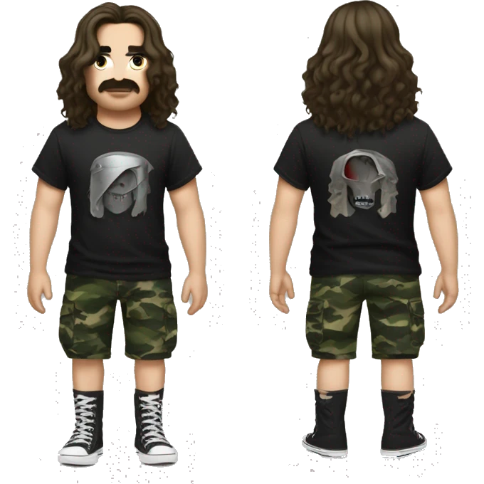 A metal head guy with semi long wavy hair, with a black metal band T shirt and Camouflage cargo shorts with Black Converse on  emoji