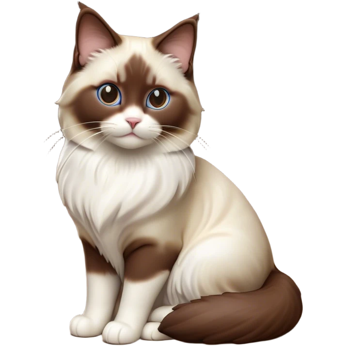 Cinematic Chocolate-Point Ragdoll Cat Portrait Emoji, Elegant and alert, sleek brown and white tones with a distinct white nose, Simplified yet sharp features, highly detailed, glowing with a warm, confident glow, high shine, intelligent and poised, stylized with an air of grace, focused and attentive, soft glowing outline, capturing the essence of calmness and elegance, so lifelike it feels as though it could spring into motion with a gentle, poised presence at any moment! emoji