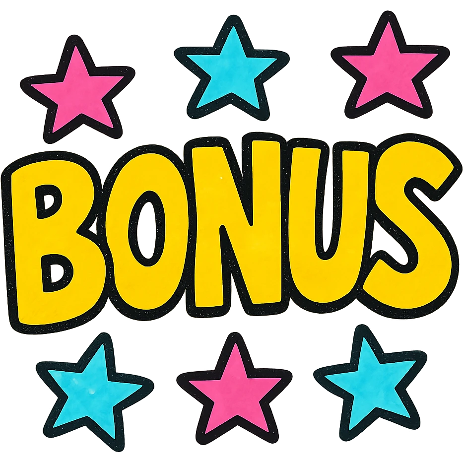 the word BONUS in large letters, all the same bright color, surrounded by stars, no background or sign behind, just the letters and stars, colorful style emoji