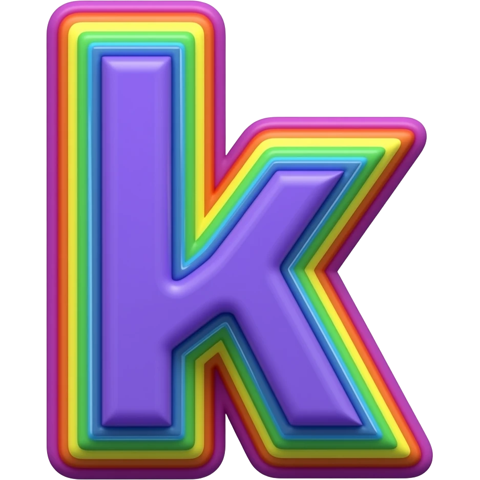 Letter "k" in purple bright blue lime green 3D style typography lettering, each color of the rainbow as a border outlined around each letter, isolated, 3d rendering, no emoji icons no emoji faces and must have no human figures emoji