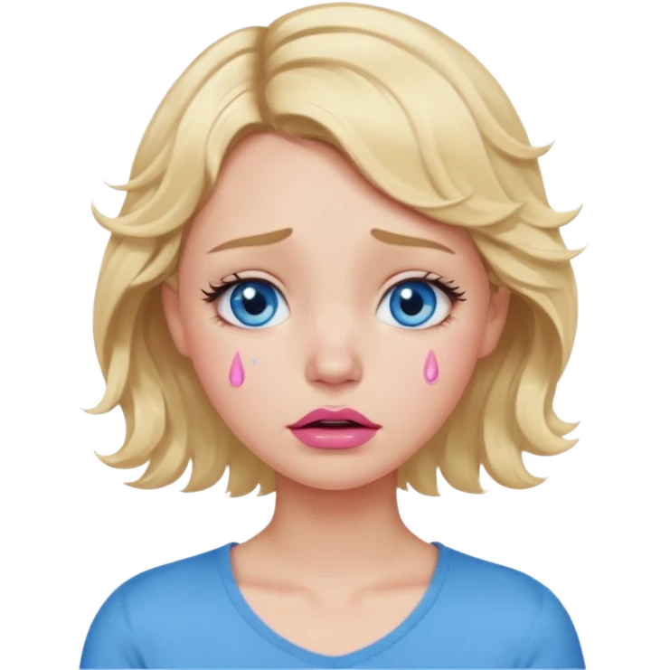 Girl Blonde short wavy hair,  blue eyes, cute blue top, long lashes, pink lips,crying with big tears running down the face  emoji