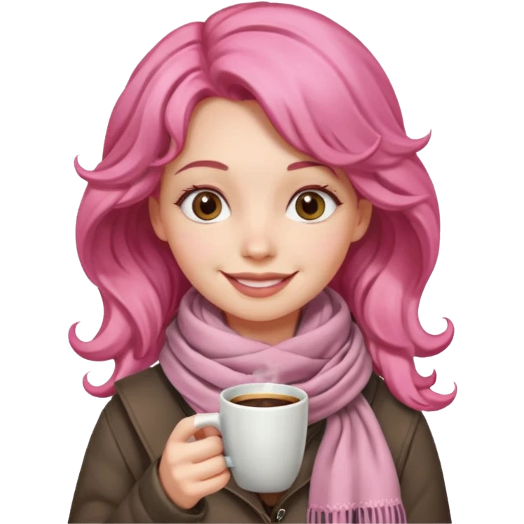 a girl with pink wavy hair, having scarf,  drink coffee, enjoy emoji