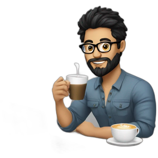 Designer with black hair, beard and glasses working with MacBook and drinking cappuccino  emoji
