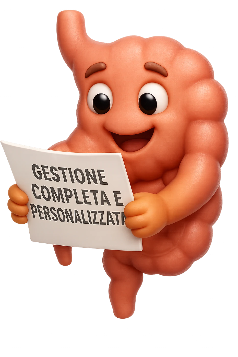 emoji stile iphone di un intestino umano anatomico ED ESPRESSIONE FELICE MENTRE LEGGE con foglio in mano con la scritta "GESTIONE COMPLETA E PERSONALIZZATA"
IPERREALISTICO 4K emoji