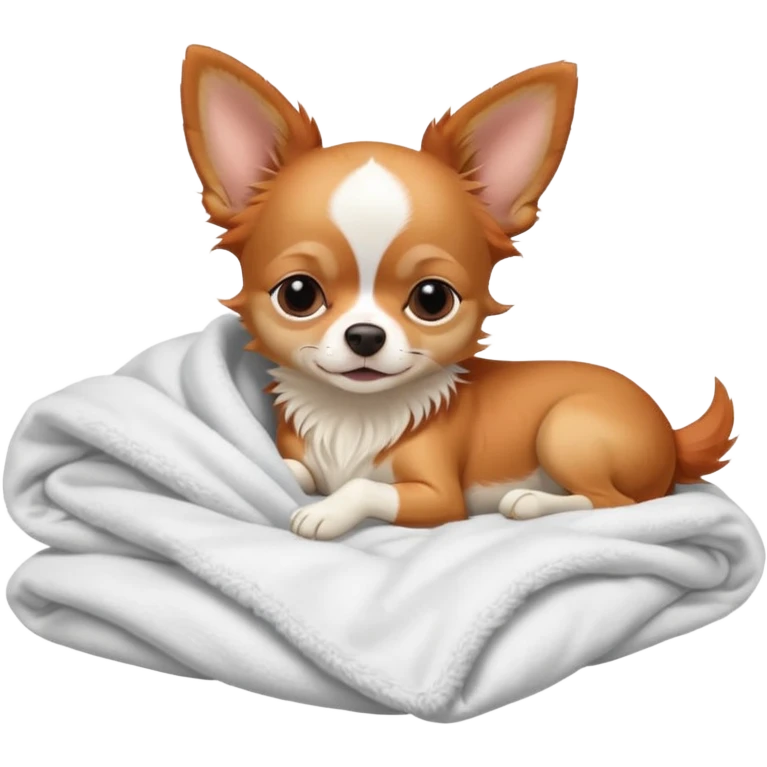Long haired chihuahua, beige/redhaired with white chest and white socks, sleeping cutely under blanket emoji