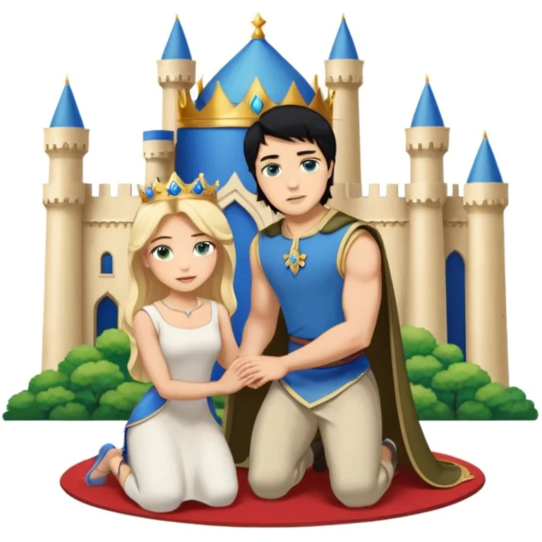 Man as king, standing, black Hair, blue eyes, woman, blonde, green eyes, shott white sleveless Dress, kneeling, background palace emoji