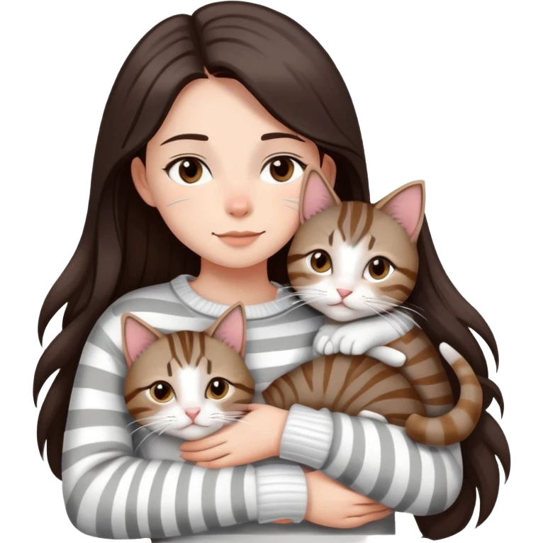 a girl with long dark brown hair, in a
white sweater and brown eyes, hugs a tabby
grey and white strips one cat.  emoji