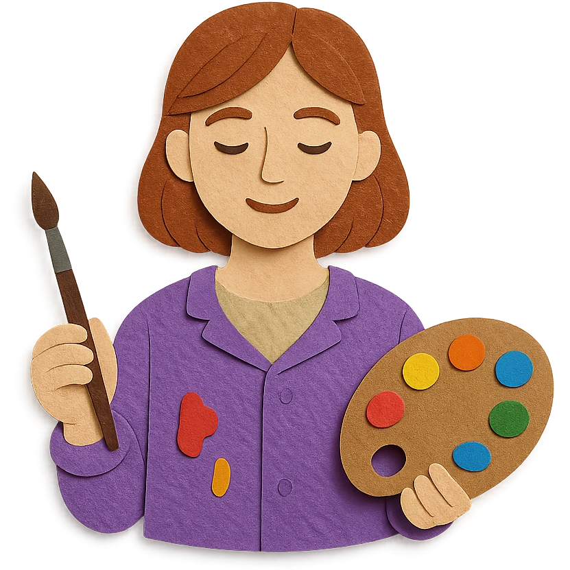Serene female oil painter, Caucasian features, shoulder-length auburn hair, soft brown eyes, gentle smile, wearing a violet painter’s smock lightly stained with paint over a beige blouse, holding a wooden palette with vibrant colors in one hand and a brush in the other, waist-up, front-facing emoji