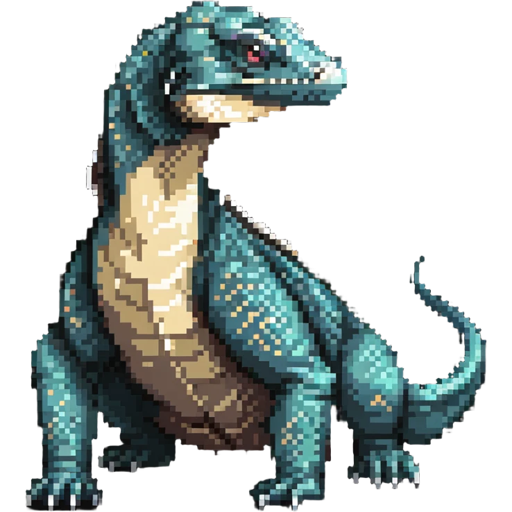 Pixel art komodo dragon with detailed scales and forked tongue emoji