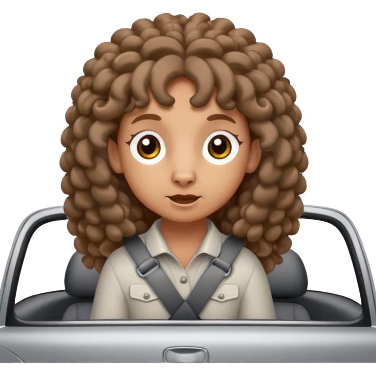 a sheep with long brown curly hair and brown eyes on a grey car emoji