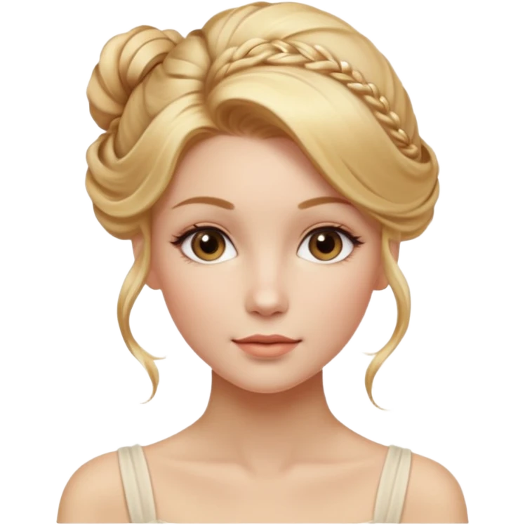 Cinematic Realistic Rococo Portrait, depicted with lifelike skin texture, subtle rosy undertones, and soft natural lighting that enhances the gentle contours of her face. Her intricately detailed golden blonde hair is elegantly styled in an updo, with delicate wisps framing her face.  emoji