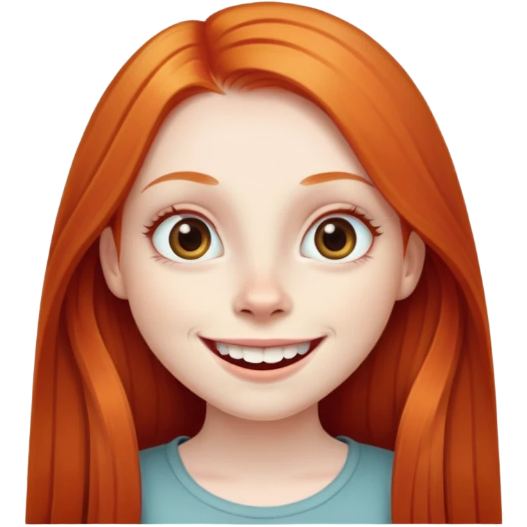 traditional emoji of young girl with very pale skin, long straight bright ginger red hair, very big wide human eyes, wide nose, big smile with extremely large prominent teeth showing, classic round face emoji