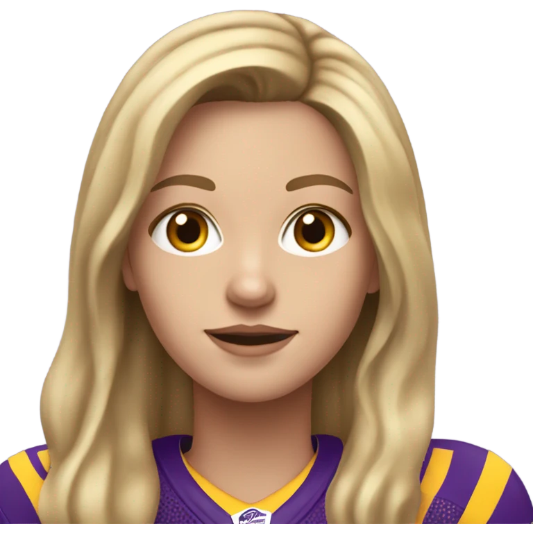 White Girl with long, dark blonde hair. She is wearing a purple and yellow football jersey emoji