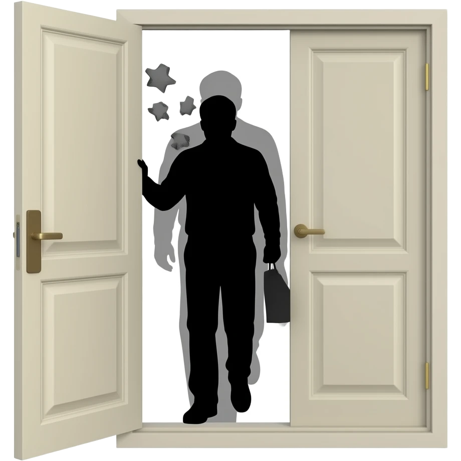 door open with a man silhouette leaving, emotional scene, minimal flat illustration, soft warm tones, simple shapes, consistent style, no background emoji