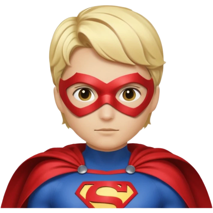 Súper heroína con antifaz, pelo corto rubio, traje de superhéroe con capa. Que se vea hasta los hombros emoji