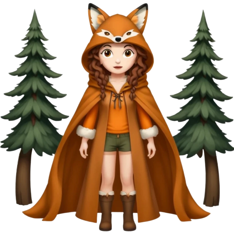 full body woman long curly brown hair brown eyes white skin tattoos wearing fox ear hat and open forest cloak, confident stance emoji