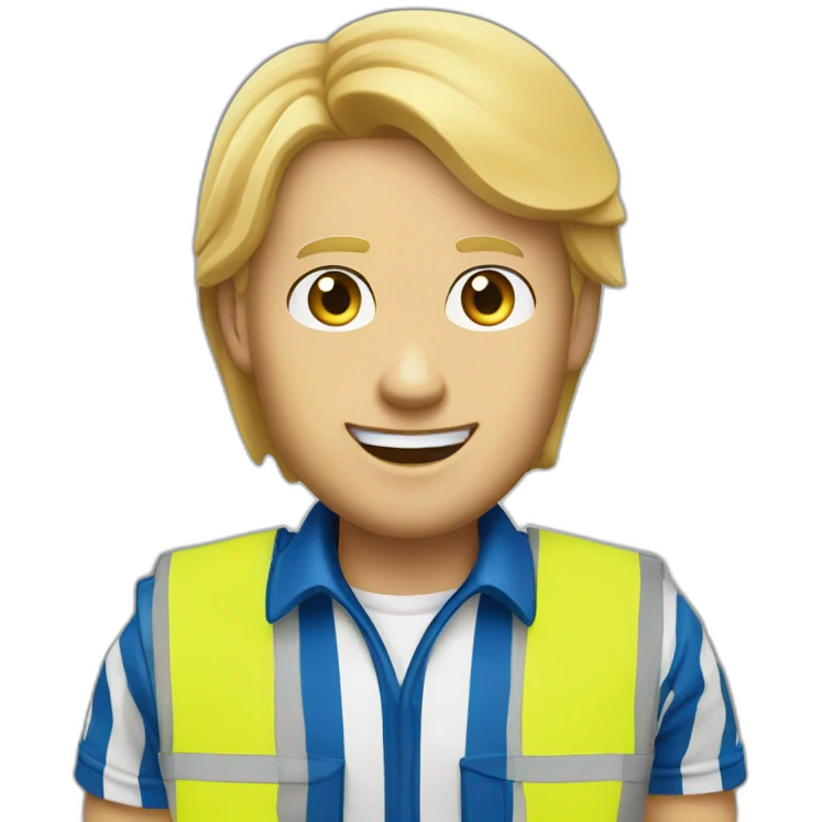 Ikea coworker blue eyes blond manager man blue stripes t-shirt and yellow security vest emoji
