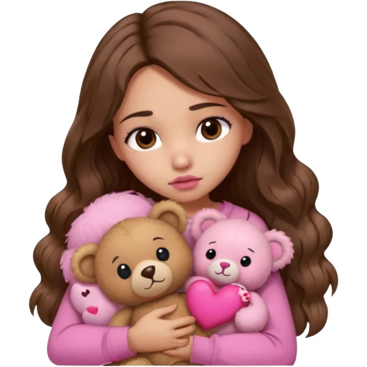 girl with long wavy brown hair, brown eyes, light to medium complexion, in a pink shirt, pink lips, long lashes, sad, hugging squeezing  a teddy bear with hearts emoji
