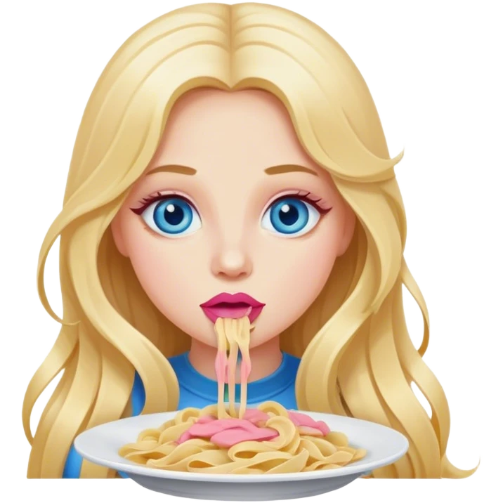 Cinematic realistic blonde with long hair, blue eyes and pink lips eats pasta emoji