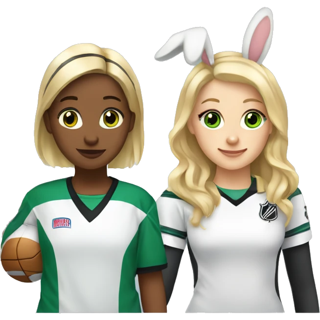 Two girls one with blonde hair and brown eyes and one with brown hair and green eyes, both with bunny ears, watching an ice hockey game emoji