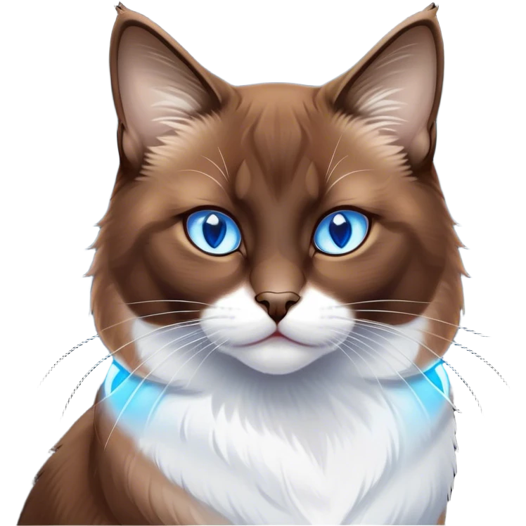 Cinematic Noble Brown Mantle Snowshoe Cat Portrait Emoji, Poised and regal, with sleek brown fur draping elegantly over its back like a mantle, contrasted by a crisp white chest, paws, and facial markings, piercing icy-blue eyes, Simplified yet sharp and sophisticated features, highly detailed, glowing with a soft, dignified glow, high shine, intelligent and graceful, stylized with an air of elegance, focused and attentive, soft glowing outline, capturing the essence of a watchful and refined feline, so majestic it feels as though it could glide across the screen with effortless confidence! emoji
