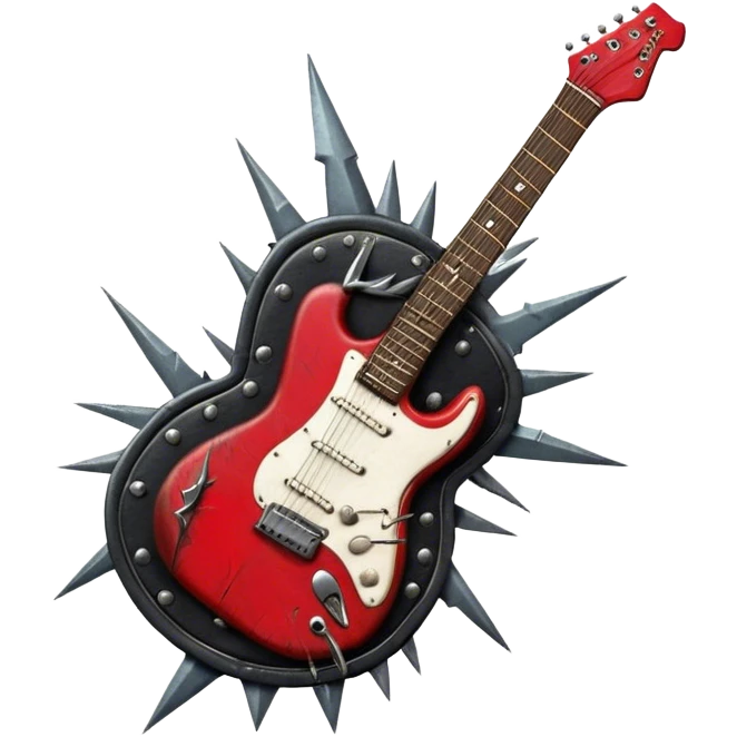 Create a powerful and dynamic humanless emoji representing rock vocals. The design should feature a classic vintage microphone with a rugged, distressed look, surrounded by elements like a guitar pick, electric guitar neck, and sound waves to reflect the raw energy of rock music. Add subtle details such as a spiked bracelet, leather textures, or bold lightning bolts to evoke the rebellious and intense spirit of rock. Use dark, edgy colors like black, red, silver, and metallic accents to emphasize the fierce, loud, and passionate nature of rock vocals. The background should be transparent. emoji
