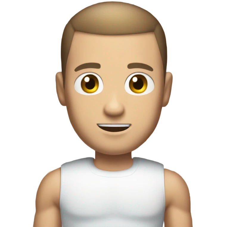 White guy with brown hair and a buzz cut, medium build but muscular and blue eyes emoji