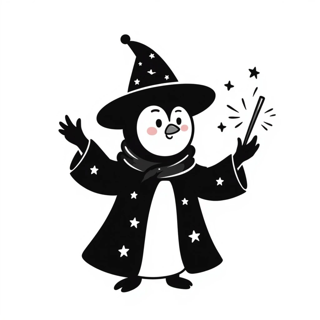 penguin wizard casting a spell, with sparkles and a starry robe, hand-drawn doodle style emoji