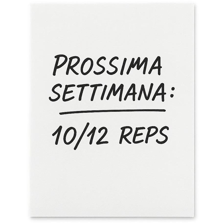top view white paper sheet isolated on transparent background with handwritten pen text 'PROSSIMA SETTIMANA: 10/12 REPS', realistic style, manual calligraphy emoji