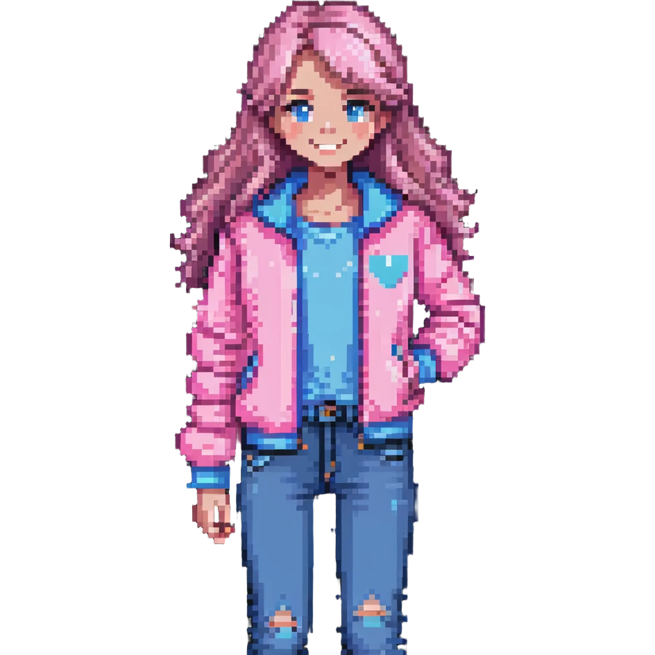 smiling girl with a pink jacket and blue jeans, pixel art style emoji