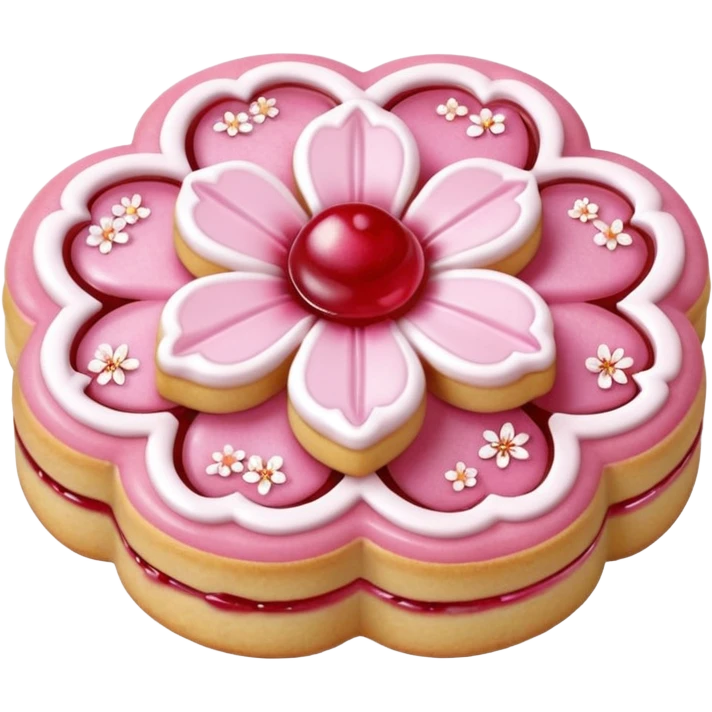 Realistic shortbread cookie in the shape of a cherry blossom with pale pink color jelly middle filling and sprinkled powder sugar on top. emoji