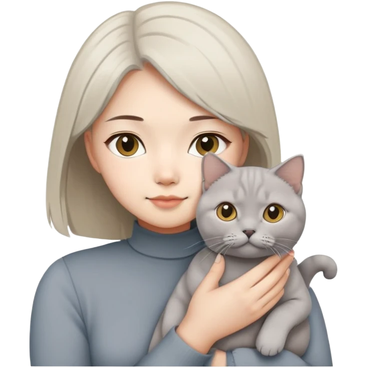 Asian girl beige hair holding grey British short hair cat emoji
