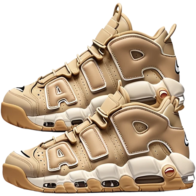 Beige Nike Air More Uptempo sneakers with large AIR letters on the sides, with one sneaker positioned slightly behind the other emoji