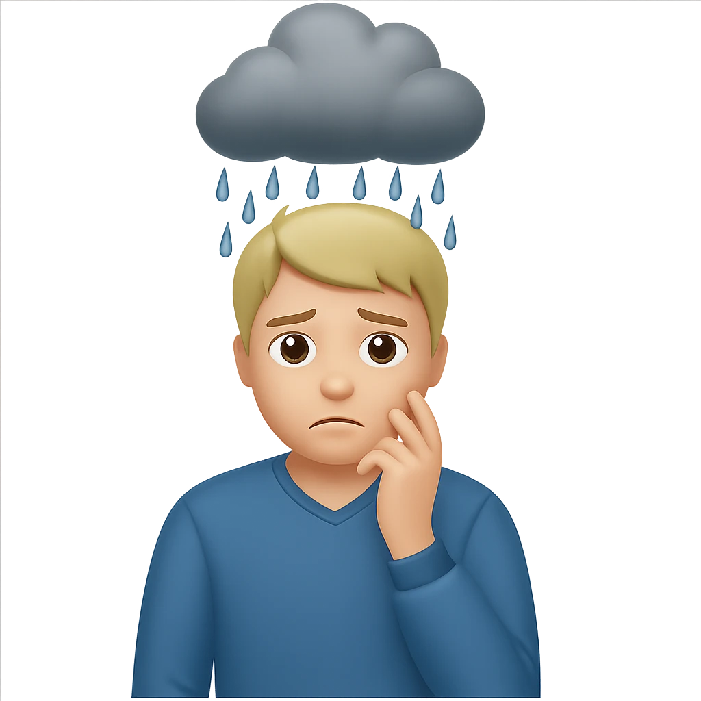 Add a rain cloud above the man. Keep the background transparent. The style should maintain the original look of the image. emoji