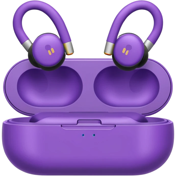 Purple wireless earbuds that wrap over the ear emoji
