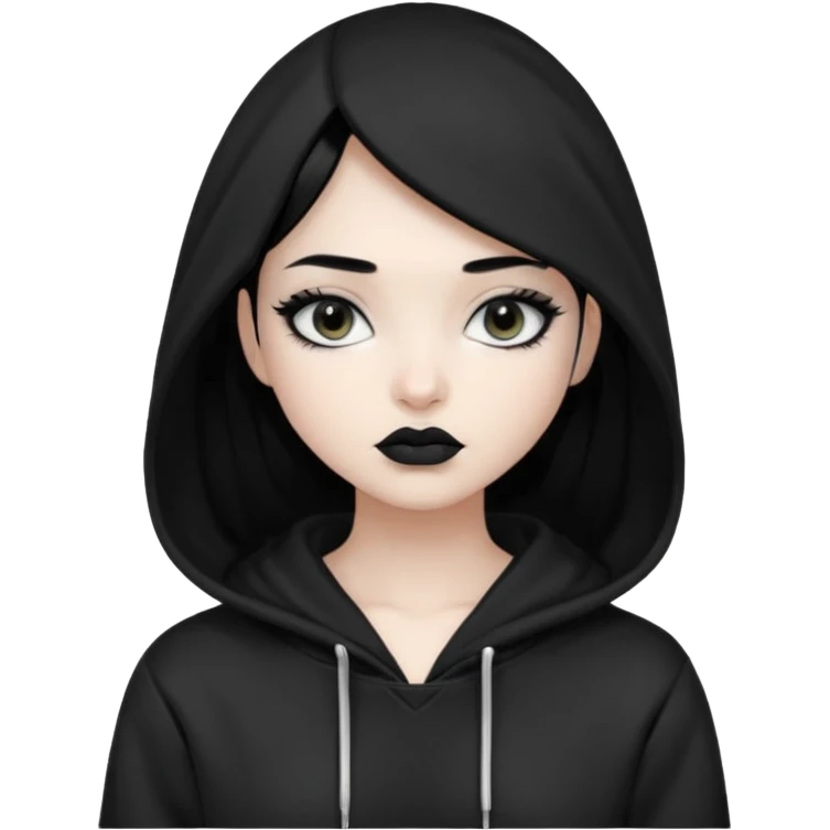 Black haired girl, silver eyes, black lipstick, white skin, black hoodie emoji