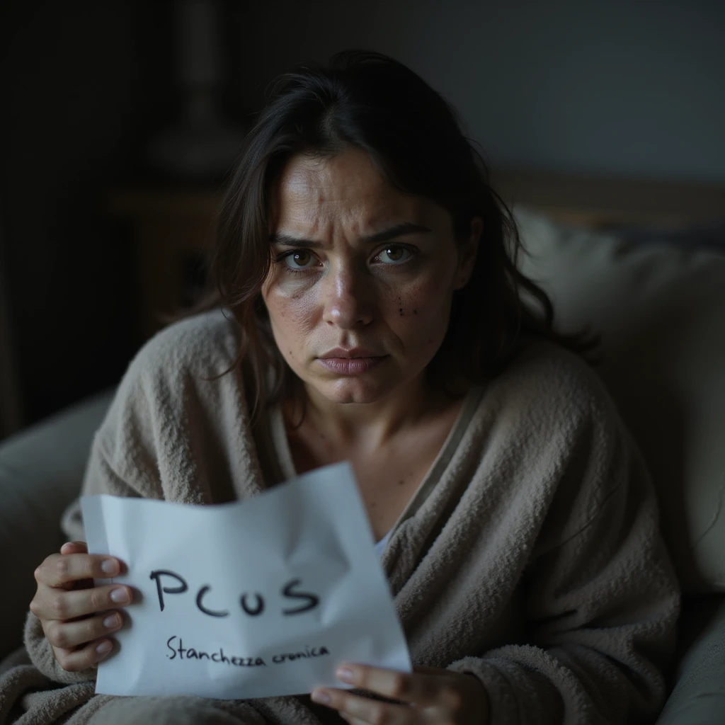 hyperrealistic 4K image of a woman with PCOS, face with acne and chin hair, thin hair, extremely tired expression, eyes with dark circles, curved posture, sitting on a sofa with a blanket, dimly lit home environment, holding a sheet with visible text 'PCOS' and 'Stanchezza cronica' emoji