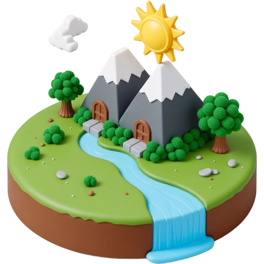 mountains with river flowing and sun emoji