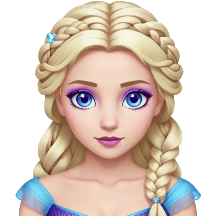 Regina con la magia del ghiaccio, capelli biondi intrecciati e un vestito lungo blu occhi azzurri con l'ombretto viola emoji