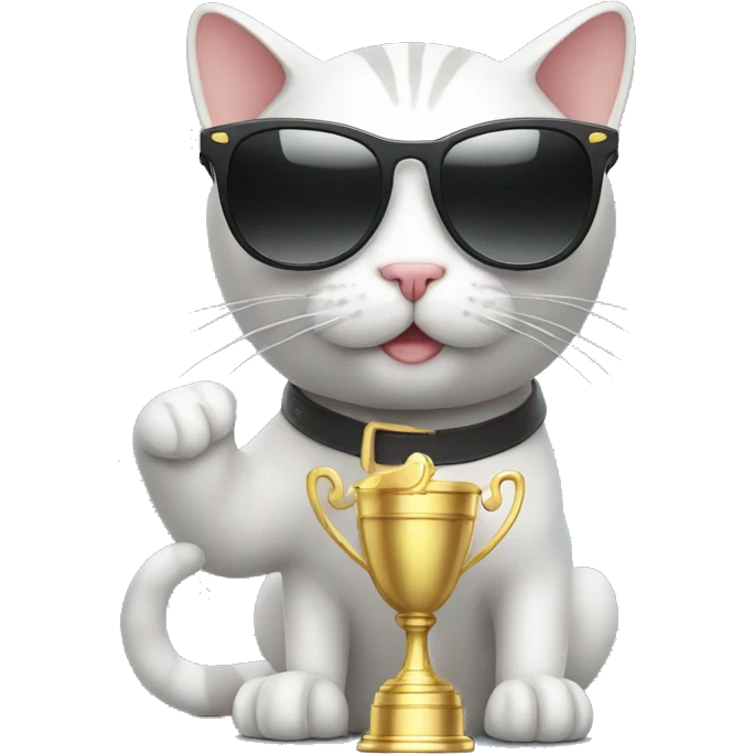 cat wearing sunglasses holding up a number ten trophy emoji