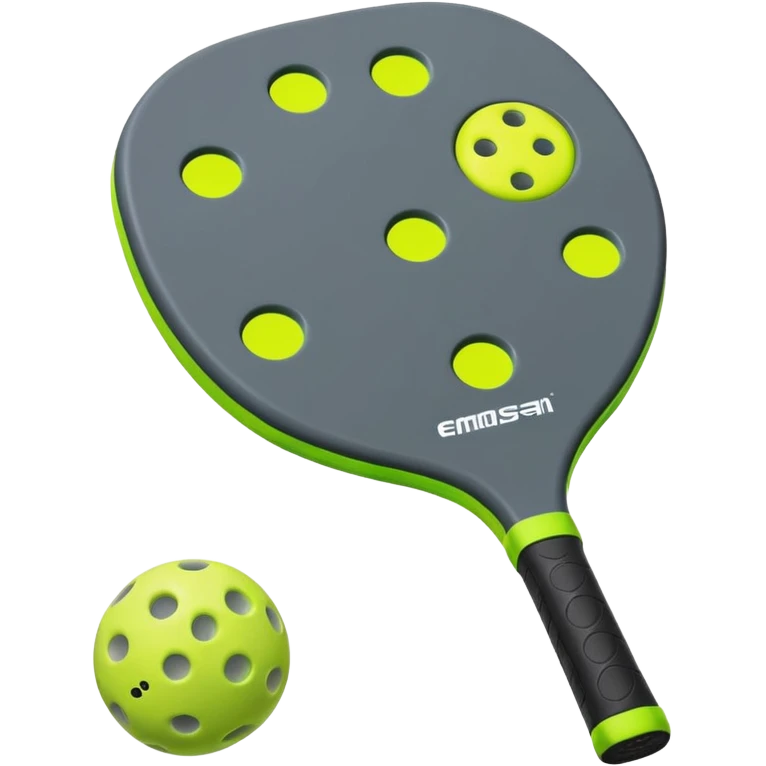 Pickleball paddle in dark grey, with pickleball ball in florescent green at 45 degrees emoji