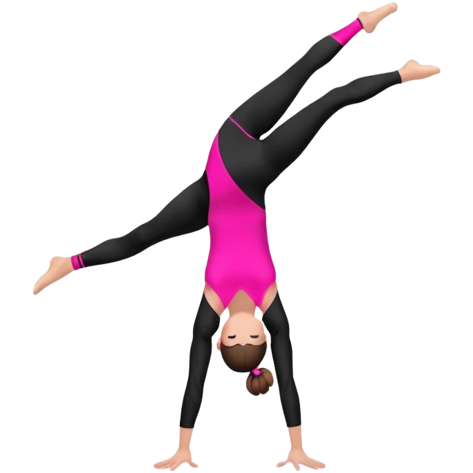 A female gymnast with brown hair in a neat bun, wearing black leggings and a T-shirt with neon pink elements, performing an acrobatic move. emoji