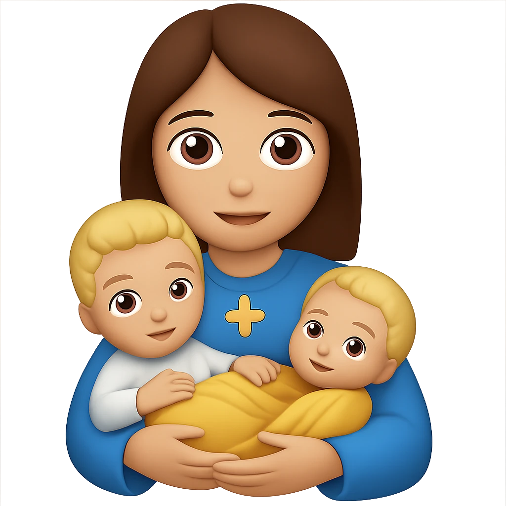 Remove hood from Mary, give her brown hair, keep light skin and baby Jesus, in emoji style. Remove background. emoji