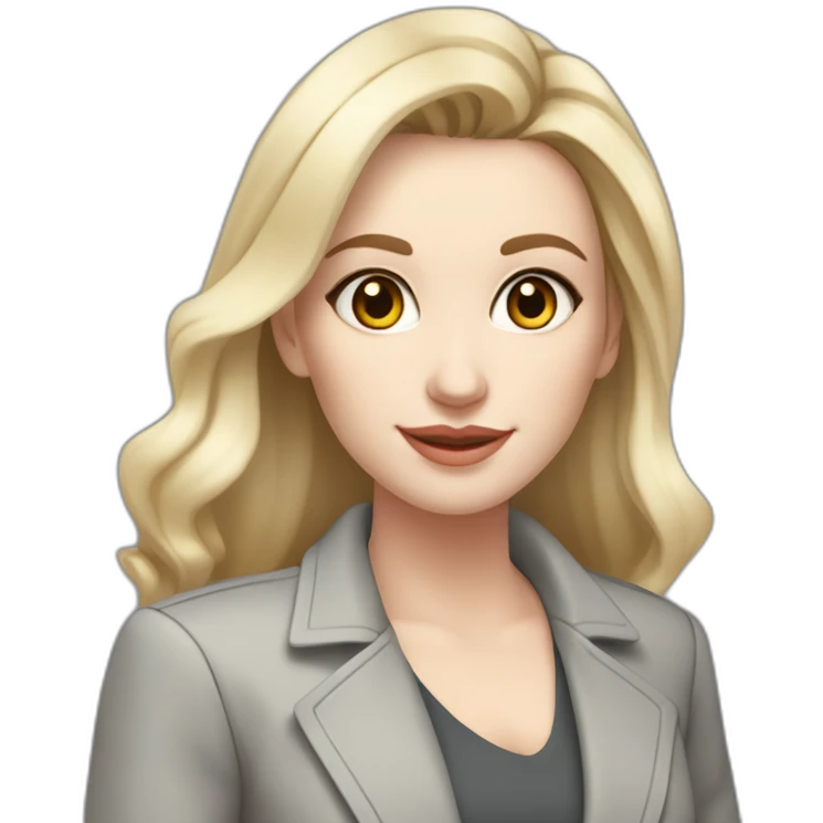 pale skin woman interior designer with cold blonde straight middle length hair, White blouse, Gray oversize jacket, Gray skirt holding a color palette in the hands emoji
