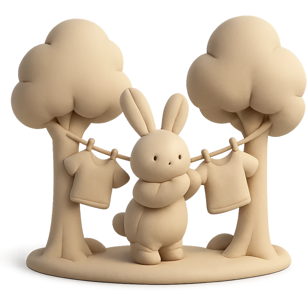 bunny hanging laundry between trees, calming domestic forest feel emoji