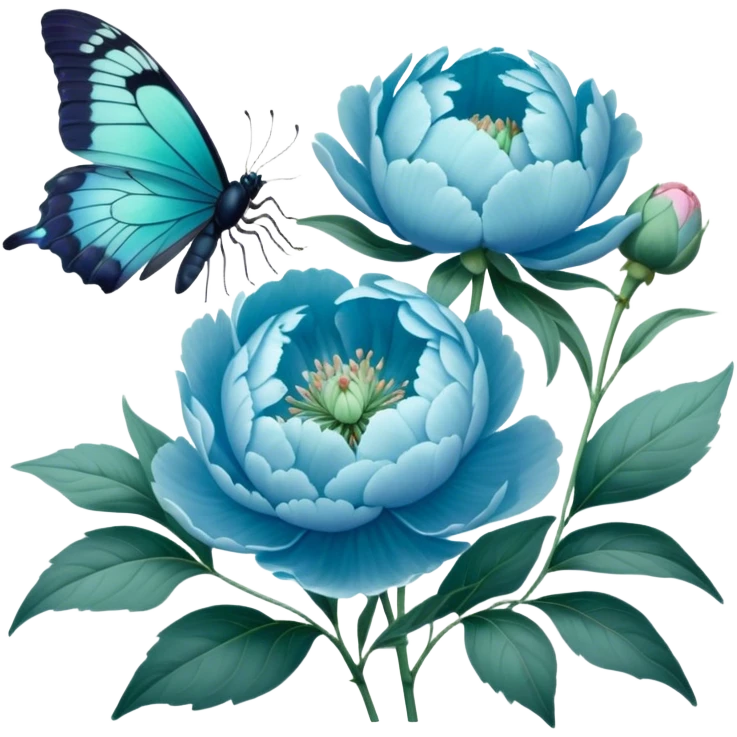 A soft pastel-toned painting of blue peonies and a green butterfly, inspired by vintage floral art. emoji