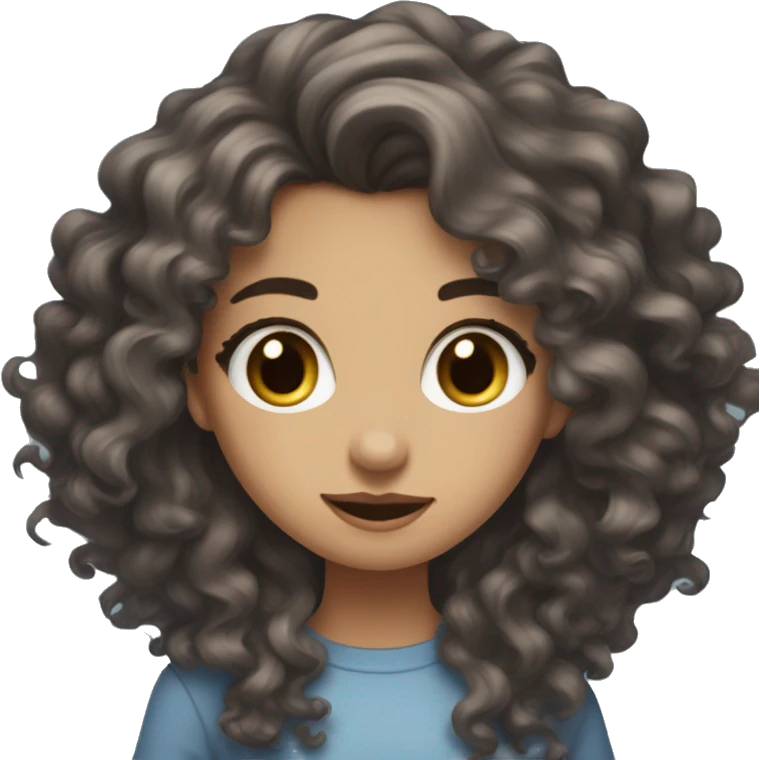 A cool toned- pale dark blueish-brown haired girl with long curly hair rolling her eyes emoji